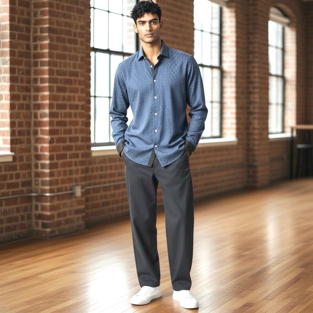Maceoo Mens 4/Large Italian Fabric Dress Shirt Blue/Black‎ Print Retail $188